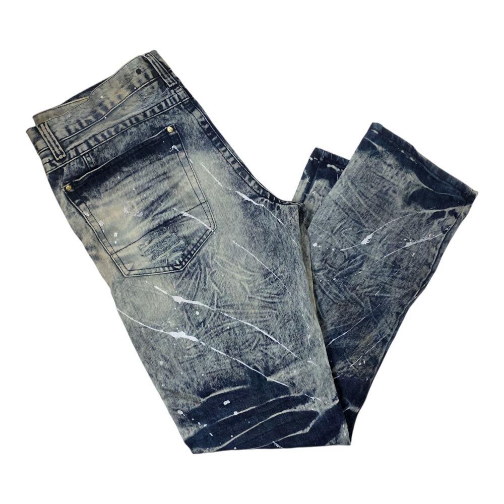 Côte de Nuits Distressed Moto Jeans Acid Wash Paint Splatter 38x34 Streetwear - Picture 4 of 11